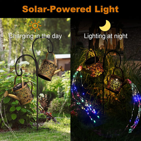 K KERNOWO Solar Watering Can Light, 2 Pack Garden Ornaments Outdoor Decorations Watering Can Solar Lights IP65 Waterproof Metal Pathway Lighting with String Lights & Shepherd Hook