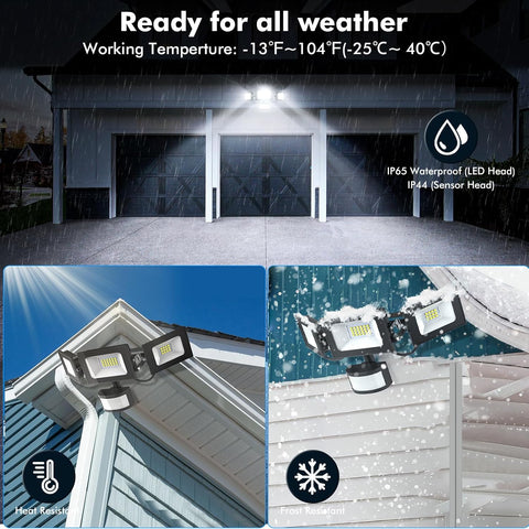 Outdoor lights with temperature range and weather resistance features displayed on a garage door.