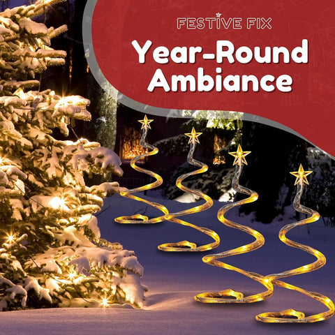 Festive Fix 40 LED Spiral Christmas Tree Pathway Lighting - Set of 4 White Outdoor Christmas Decorations for Garden Paths, Energy-Efficient Xmas Lights for Pathway, Festive Yard & Holiday Displays