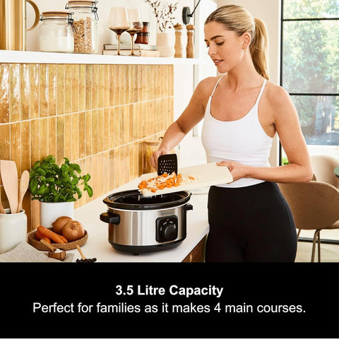 3.5L Stainless Steel Slow Cooker with 3 Heat Settings, Removable Ceramic Pot, Dishwasher Safe, Energy Efficient