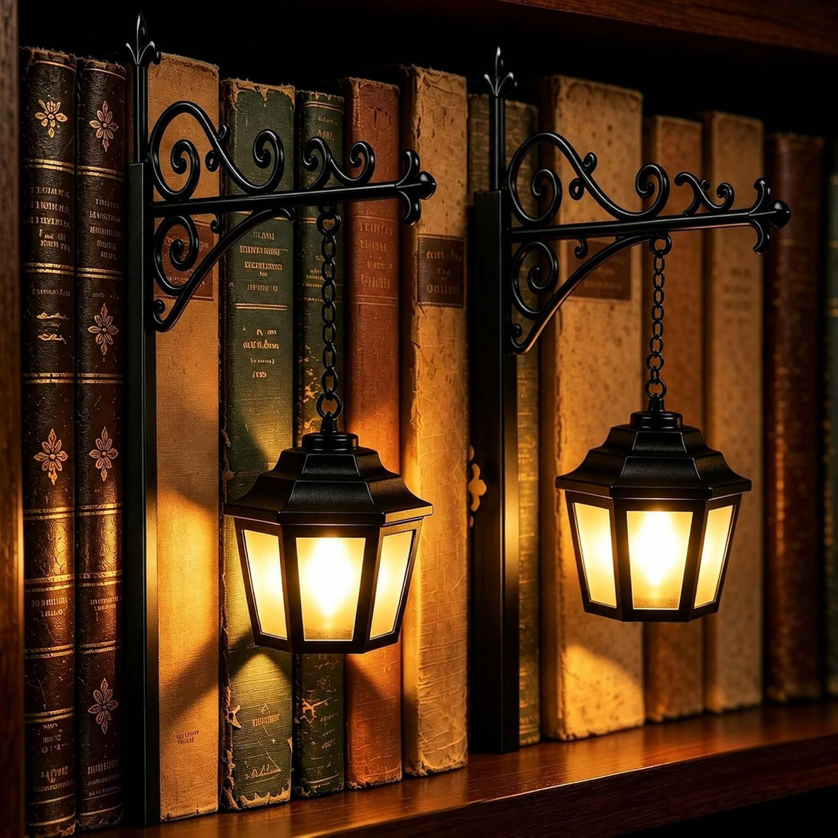 2 Pcs Library Bookshelf Lantern – Vintage Bookshelf Lamp with Warm White LED, Cordless Battery Powered Book Nook Light for Bedroom, Library & Study Room