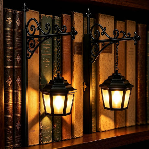 2 Pcs Library Bookshelf Lantern – Vintage Bookshelf Lamp with Warm White LED, Cordless Battery Powered Book Nook Light for Bedroom, Library & Study Room