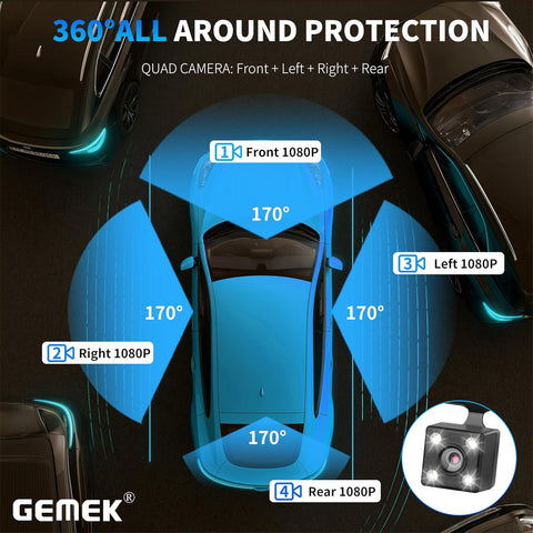 GEMEK 4-Channel 360° Dash Cam with 1080P Front & Rear, Night Vision