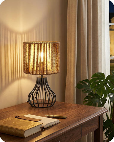 GOEBELSON Bedside Table Lamp – Black Metal Table Lamp with Hand-Woven Paper Rattan Shade, 4W 2700K LED Bulb Included, E27 Bedroom & Desk Lamp