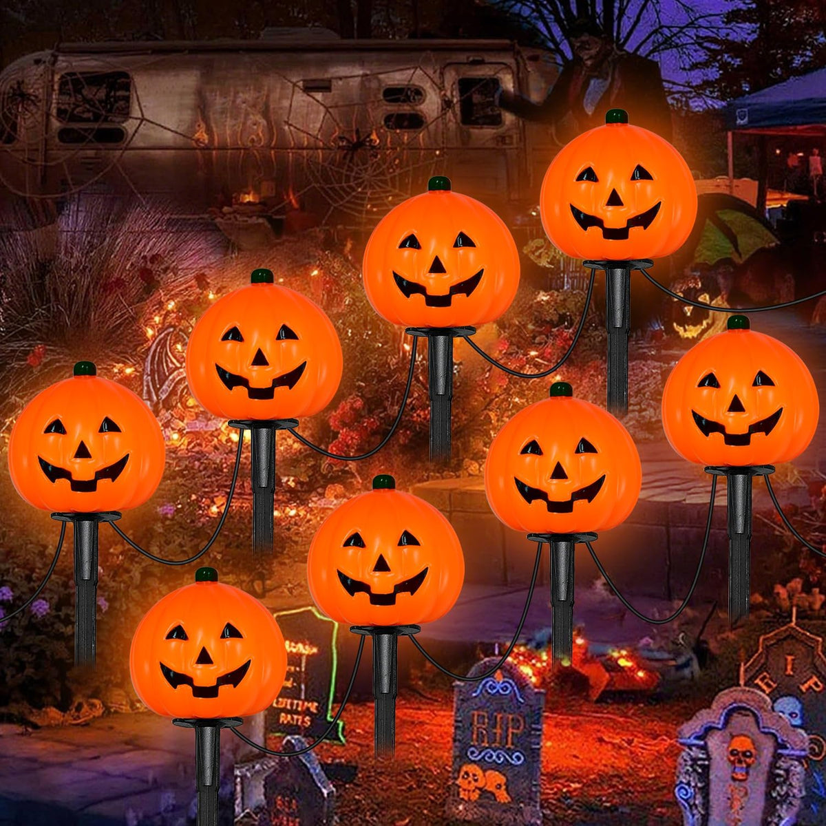 2 Sets 7ft Halloween Pathway Lights, Outdoor Pumpkin Stake Lights with 4 Jack-O Lanterns and 4 Stakes for Halloween Decorations Outdoor Walkway