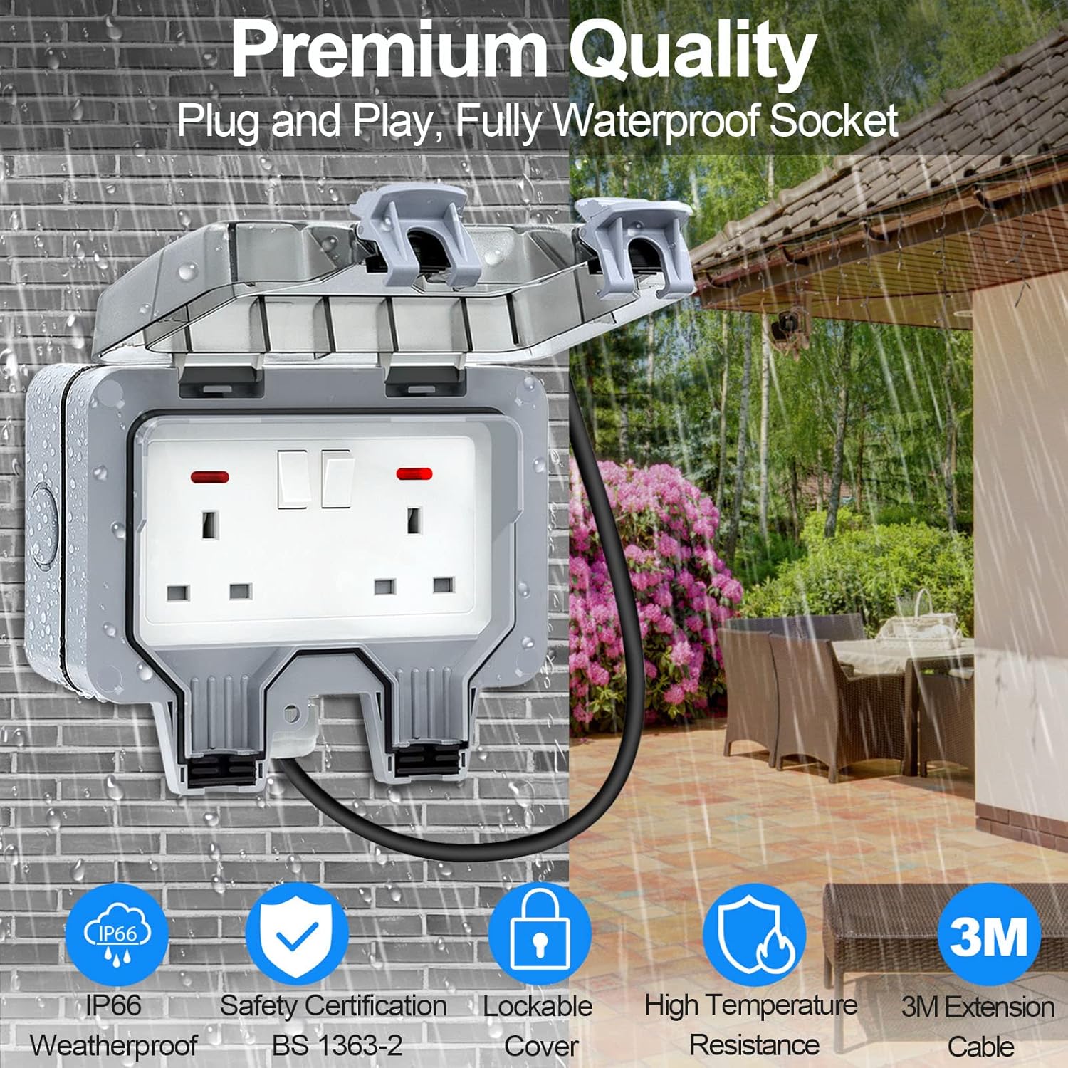 Outdoor waterproof socket with raindrop effects on a patio background, featuring text and icons indicating quality and features.
