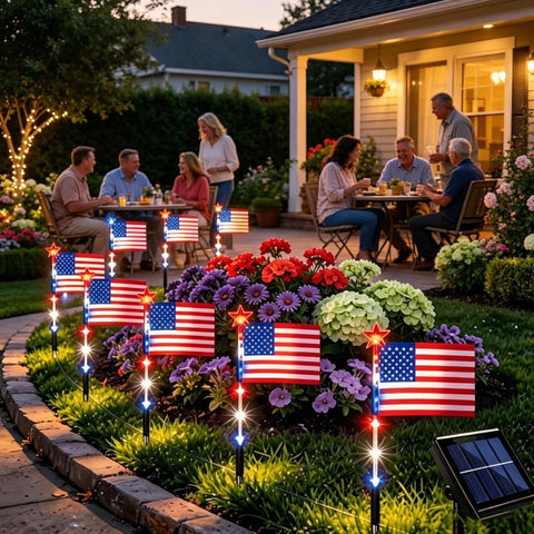 Solar Pathway Lights With American Flag White Blue Lighting