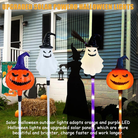 Halloween Yard Stakes with 6Pcs Ghosts Pumpkin Solar Lights, 8 Modes Waterproof Solar Halloween Lights for Garden, Yard, Pathway, Spooky Outdoor Decorations