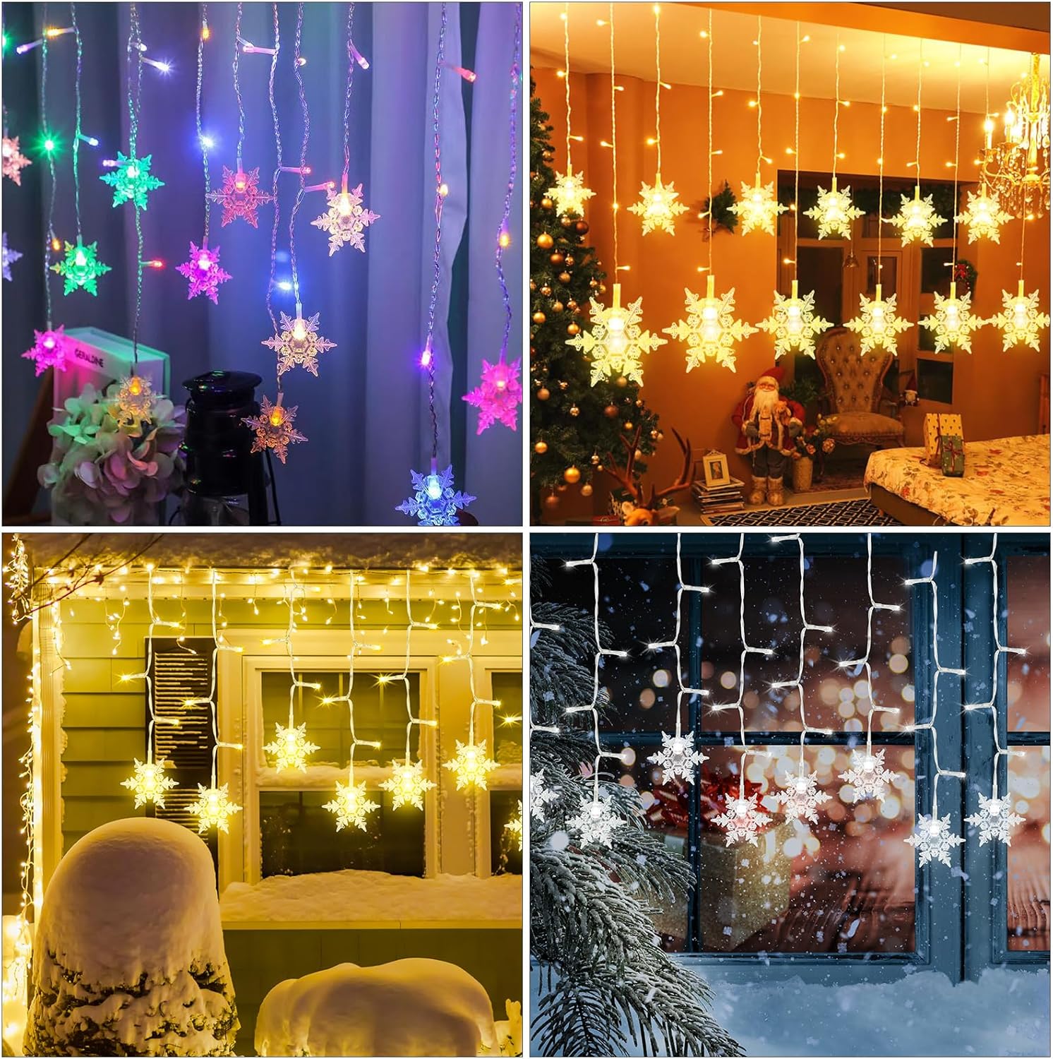 Collage of snowflake string lights in various settings including a room, window, and outdoor scene.