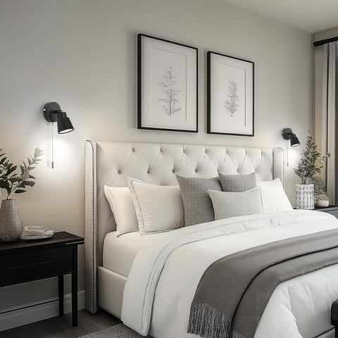 Black Wall Lights with Pull Cord Switch GU10 - Modern Pull Cord Light Switch 350° Rotatable - Indoor Wall Sconce Lights for Bedroom Bedside Living Room Kitchen