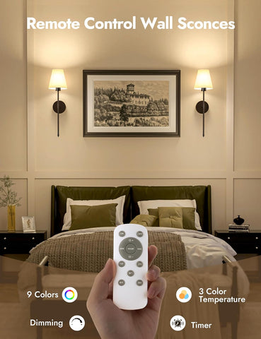 5200mAh Battery Operated Wireless Wall Lights Set of 2, 60CM Rechargeable Wall Lights with Dimmable Detachable Bulbs and Remote, 12-Color Wall Sconce Lighs for Bedroom Living Room Black