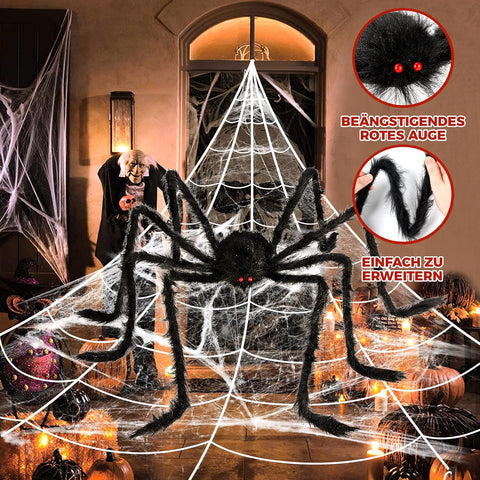 BOSONER Giant Spider Web Halloween Decorations with 50-Inch Large Spider & 16.4 × 15.7 ft Web – Outdoor Halloween Decorations for Gardens, Front Doors, Parties & Haunted Houses