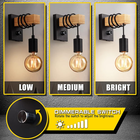Wall Lights with Switch Vintage Wall Lamp Wooden Wall Light Indoor Industrial Wall Sconce Dimmable E27 Edison Lighting Fixture for Bedroom, Dining Room, Living Room