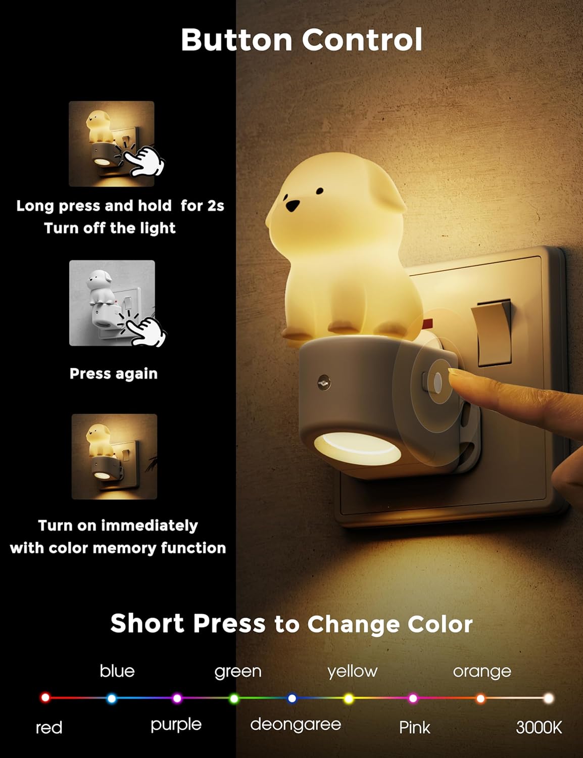 Dog-shaped night light with button control and color change options on a wall switch.