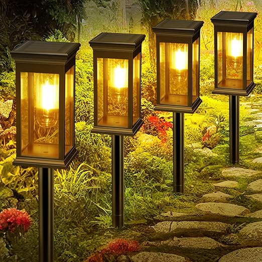 Pack of 4 Solar Powered Tungsten Light In UK - IP65 Waterproof, Warm White Light, Battery Capacity 800mAh, Auto On/Off, Solar Garden Lights for Patio, Pathway, Lawn, Balcony