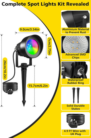 T-SUN Garden Spot Lights Mains Powered, RGB Spike Light with Remote/APP