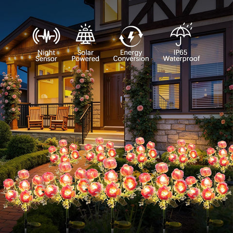 Joyoldelf Solar Lights Outdoor Waterproof, 2 Pack Pink Peony Flower Garden Lights with 7 Flowers, Warm White Decorative Pathway Lighting for Yard Patio Driveway, Solar Powered Landscape Lamp