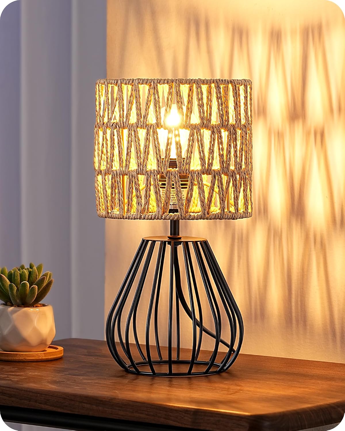 EDISHINE Boho Rattan Table Lamp with Handwoven Paper Shade – 4W E27 LED Bulb, Warm 2700K Bedside & Living Room Table Light