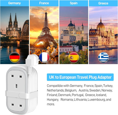 UK to US Plug Adapter with 1.5M Extension Cable, 2 Way Outlets, 3 USB Ports & Retractable USB-C Cable – Type B Travel Adaptor