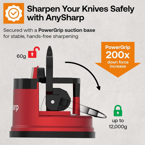 AnySharp Pro Metal Knife Sharpener – Hands-Free PowerGrip Suction | Sharpens All Knives | Hardened Steel & Serrated | Deep Red Finish