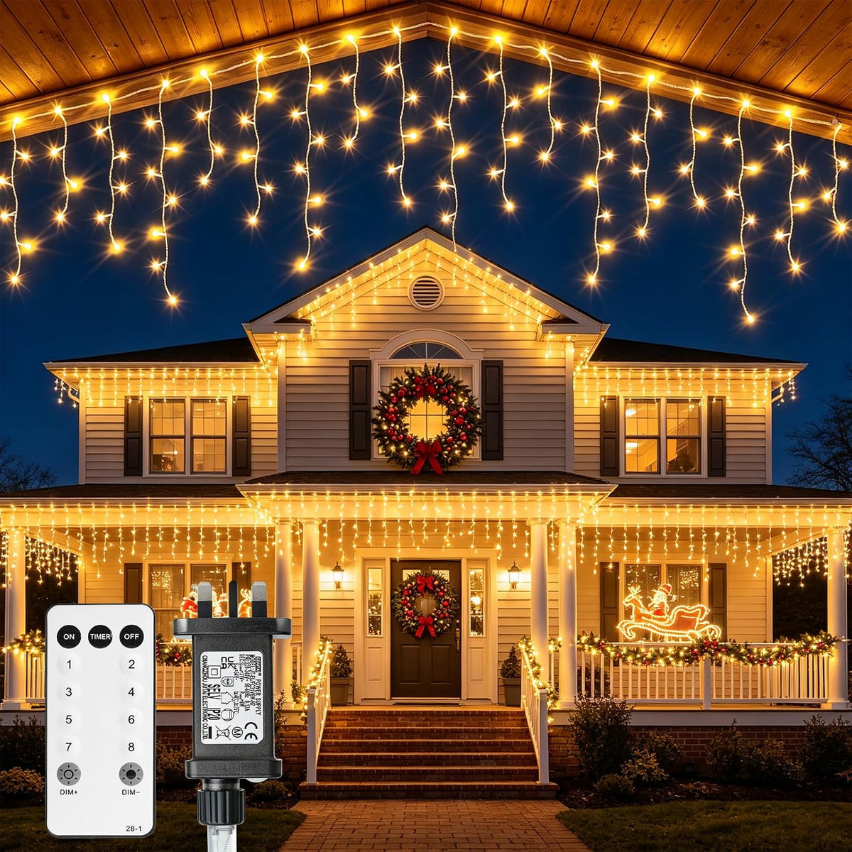 5m 200 LED Icicle Christmas Lights – Warm White Waterproof Outdoor Hanging Fairy Lights with 8 Modes, Timer & Dimmable Brightness for Roof Edges, Balconies & Patios - Give Your Home That Cosy Christmas Glow