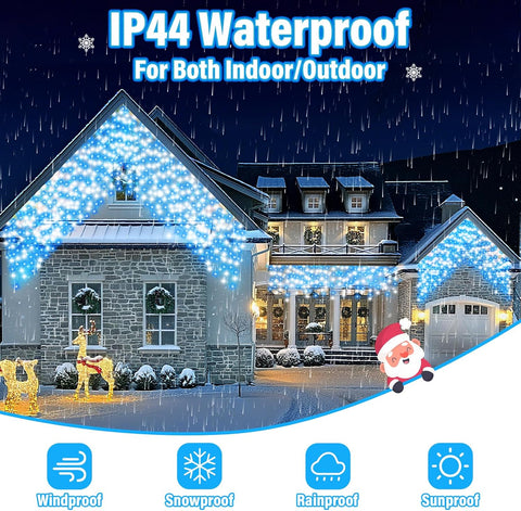 Christmas Icicle Lights Outdoor Blue & White 480 LED 50ft – 8 Modes, Timer & Memory Waterproof LED Christmas Lights for Eaves, Fences, Patios & Gardens