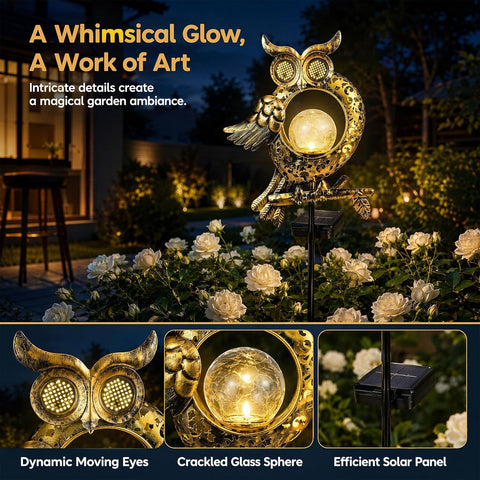 Solar Lights Outdoor Garden, Waterproof Solar Owl Lights, Owl Garden Solar Lights, LED Crackle Glass Ball Dynamic Eye Lighting for Patio, Pathway, Garden Decorations, Birthday Gifts for Women, Mum