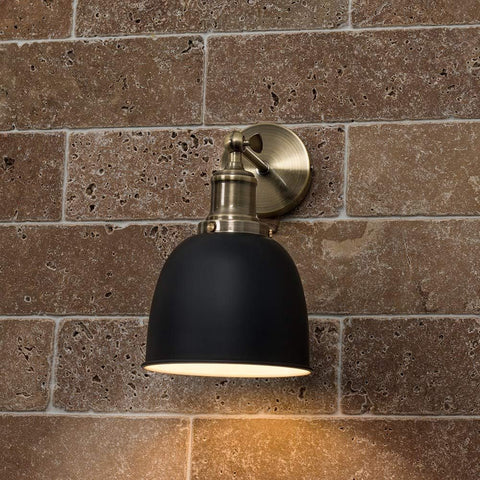 Retro Antique Brass Wall Light with Black Dome Shade