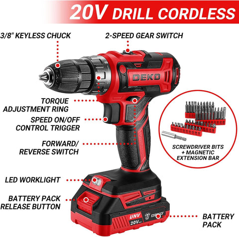 Cordless Drill Tool Kit Set: DEKO 20V Power Drill Tool Box with Battery Electric Drill Driver for Men Home Hand Repair Basic Toolbox Tools Sets Drills Case,186 Pieces(Red)