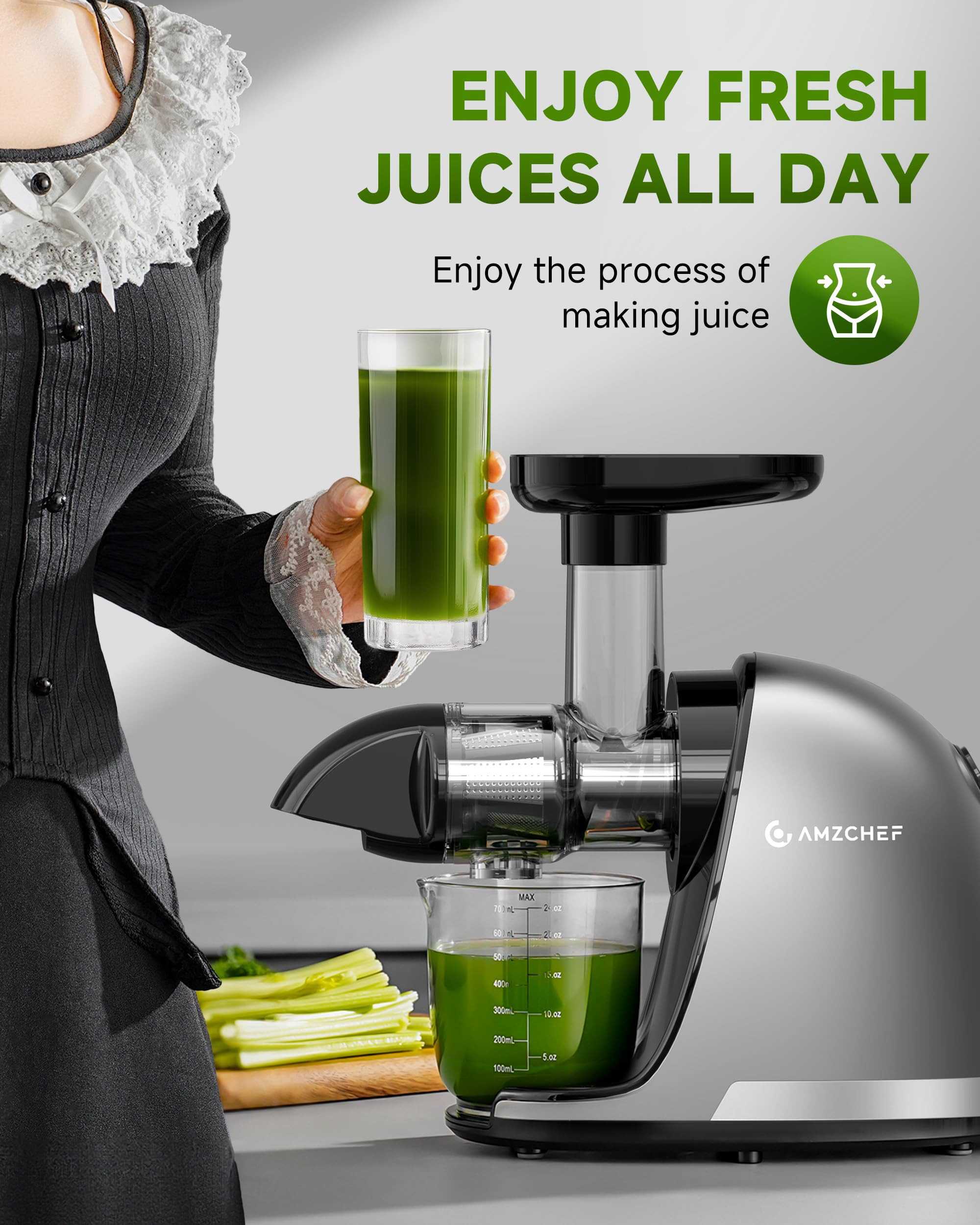 AMZCHEF Juicer Machines - Cold Press Slow Juicer - Masticating Juicer for Whole Fruits and Vegetables - Delicate Chew No Need to Filter - BPA Free Juice Extractor with 2 Cups and Brush - Black