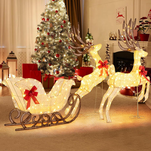 COSTWAY Light Up Reindeer Sleigh with 280 Warm White LED Lights – Outdoor Christmas Decoration