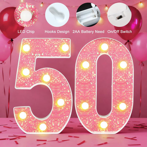 Pink LED Number 50 Light Up Sign – Birthday & Anniversary Decoration – UK