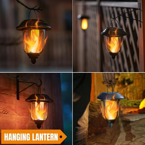 Dynaming 6 Pack Solar Flickering Flame Pathway & Hanging Lantern Lights, Black Plastic, Auto On/Off, Waterproof for Outdoor Decoration