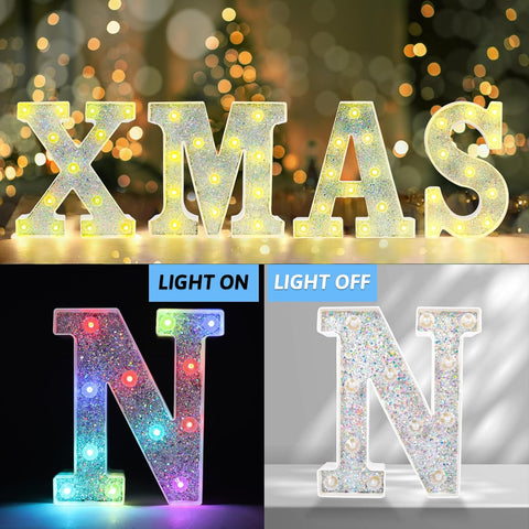 N Style Color Changing LED Letter Light, Glitter Marquee Lamp with 18 Colors, Remote Controlled, Battery Powered Decorative Letter Light for Party, Wedding, Birthday and Home Decor