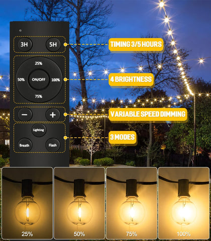 20m Outdoor Garden String Lights LED G40 Festoon Lights – 65ft Warm White Patio & Garden Lighting with Remote, Timer, Dimmable & IP44 Waterproof Bulbs