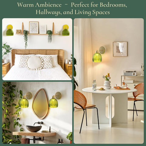 Vintage Rechargeable Wall Lights with Green Tulip Glass Shade, Dimmable, Wireless