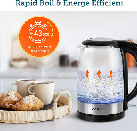 3000W Electric Tea Kettle Glass Spout, Stainless Steel Filter, LED