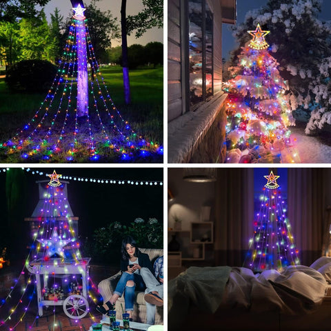 Christmas Tree Lights 350 LED Outdoor Waterfall Fairy Lights with Star Topper (Colourful)