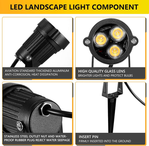 2Pcs DC 12V Landscape Lights, 3x3W IP65 Waterproof Cast-Aluminum Garden Spike Lights, LED Outdoor Landscape Spotlight Fixture Garden Night Spike Lawn Lamp (Warm White)