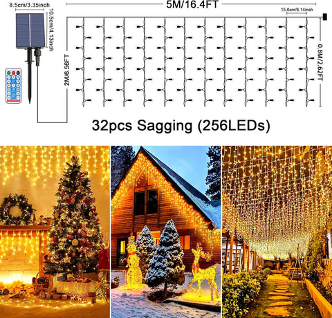 Solar Icicle Lights 16.4Ft 256 LED Waterproof Christmas String Lights with Remote & 8 Modes - Turn Your Outdoor Space Into a Christmas Glow