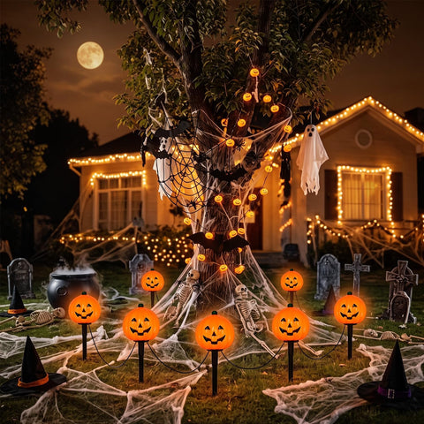 2 Sets 7ft Halloween Pathway Lights, Outdoor Pumpkin Stake Lights with 4 Jack-O Lanterns and 4 Stakes for Halloween Decorations Outdoor Walkway