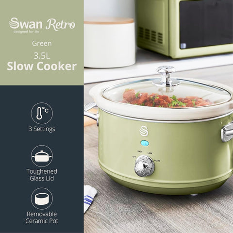 Swan Retro Grey 3.5L Slow Cooker with 3 Heat Settings & Keep Warm – 200W