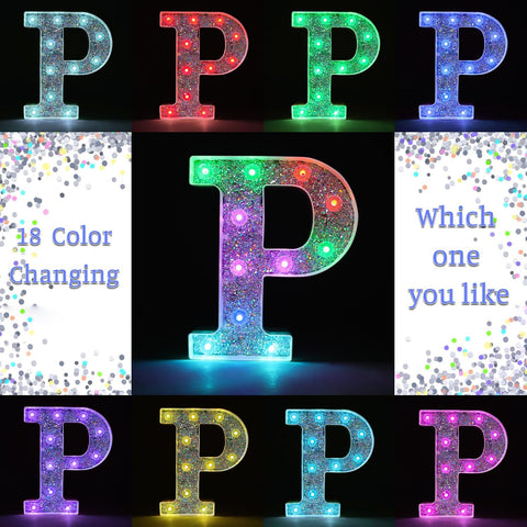 P Style Color Changing LED Letter Light, Glitter Marquee Lamp with 18 Colors, Remote Controlled, Battery Powered Decorative Letter Light for Party, Wedding, Birthday and Home Decor