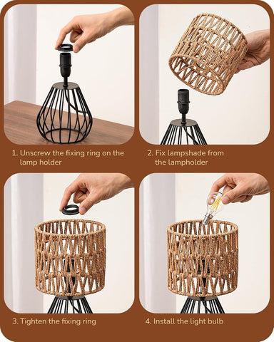 EDISHINE Boho Rattan Table Lamp with Handwoven Paper Shade – 4W E27 LED Bulb, Warm 2700K Bedside & Living Room Table Light