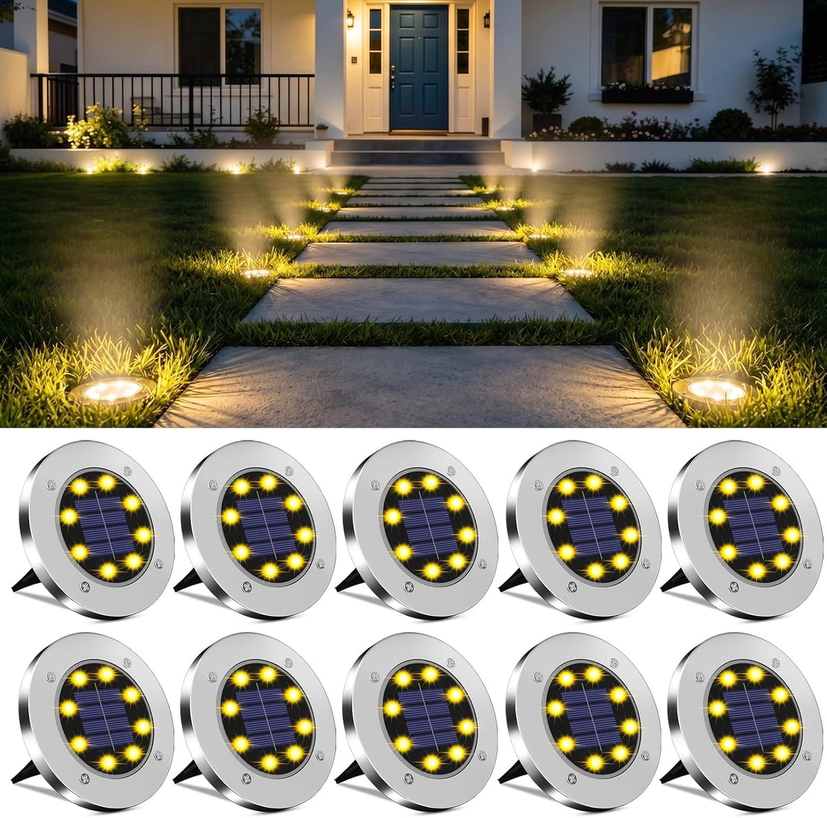 OULONGER 4.6inch Solar Ground Lights 10Packs, Garden Solar Outdoor Waterproof Pathway Bright In-Ground Landscape Lights for Patio, Lawn, Yard, Driveway, Step and Walkway(Warm Light)