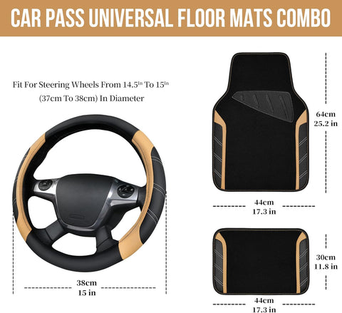 Car PASS Microfiber Steering Wheel Cover and Waterproof Car Mats Combo