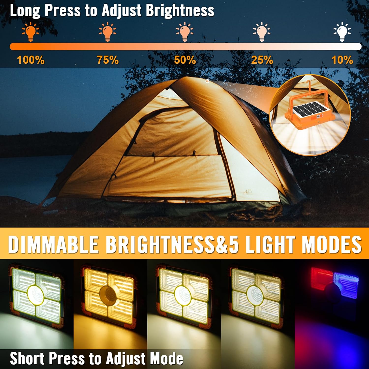 Camping tent with solar light panel and dimmable brightness control interface.
