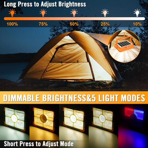Camping tent with solar light panel and dimmable brightness control interface.