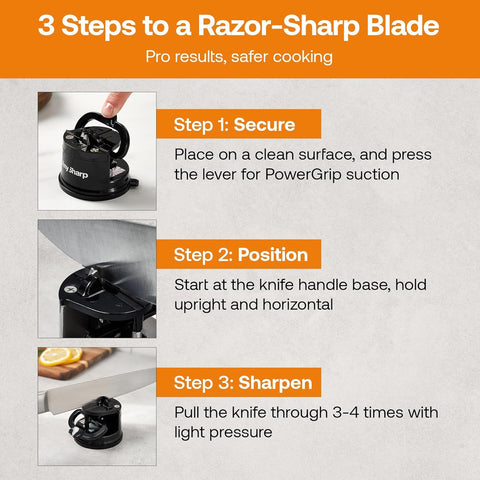 AnySharp Knife Sharpener – PowerGrip Suction Base | Hands-Free Safety | Sharpens All Kitchen Knives | Ideal for Hardened Steel & Serrated
