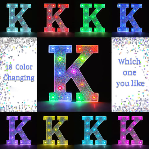 K Style Color Changing LED Letter Light, Glitter Marquee Lamp with 18 Colors, Remote Controlled, Battery Powered Decorative Letter Light for Party, Wedding, Birthday and Home Decor